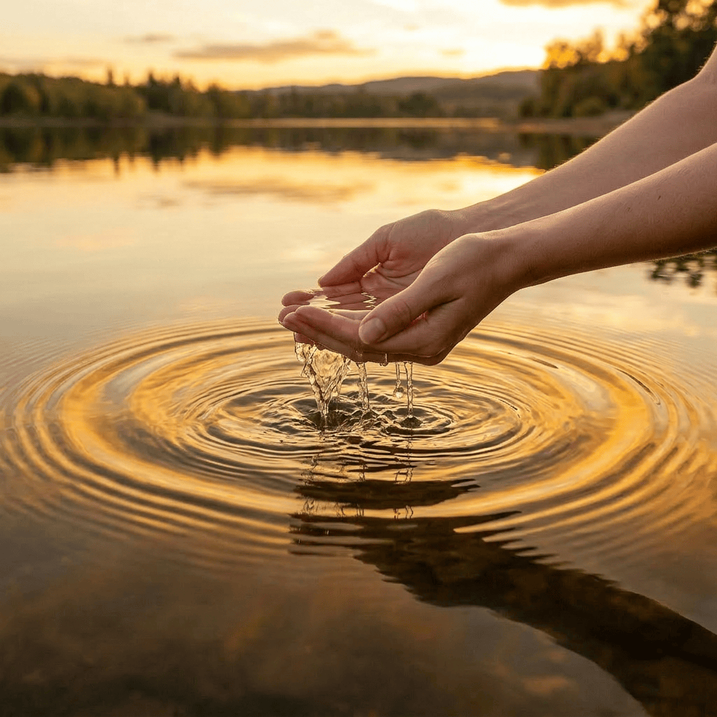 Rock hitting water surface creating splash and ripples at sunset on a lake