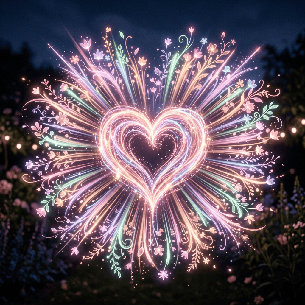 Glowing heart shape surrounded by colorful floral light streaks and sparkles.