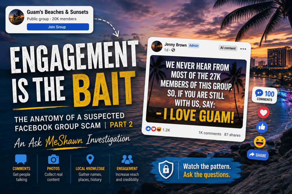 Graphic for Part 2 of an investigation into a suspected Facebook group scam, illustrating engagement bait through comments, photos and requests for local knowledge.