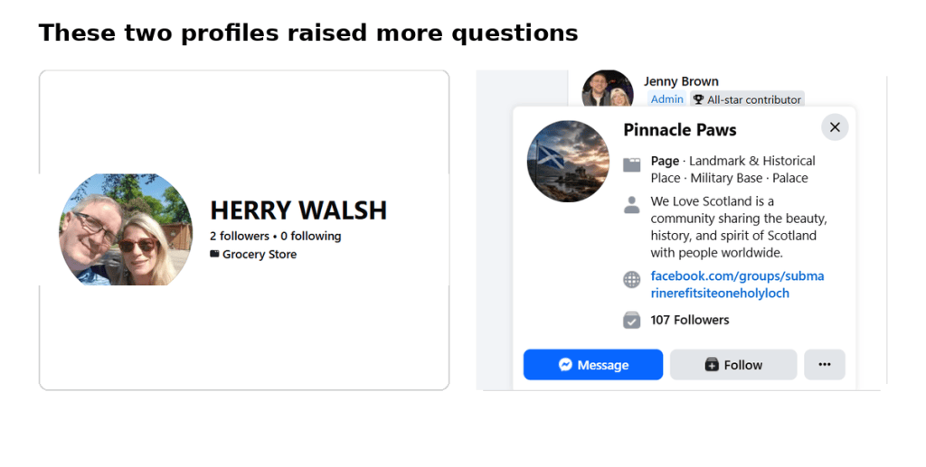 Facebook profile details for LIFE on GUAM administrators HERRY WALSH and Pinnacle Paws, showing HERRY WALSH categorized as a grocery store and Pinnacle Paws describing a Scotland community.