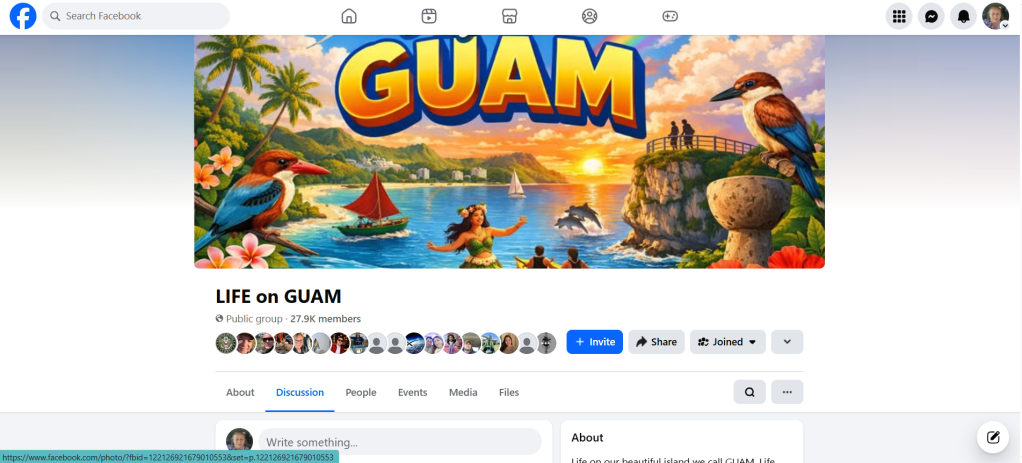 Screenshot of the LIFE on GUAM Facebook group showing nearly 28,000 members.