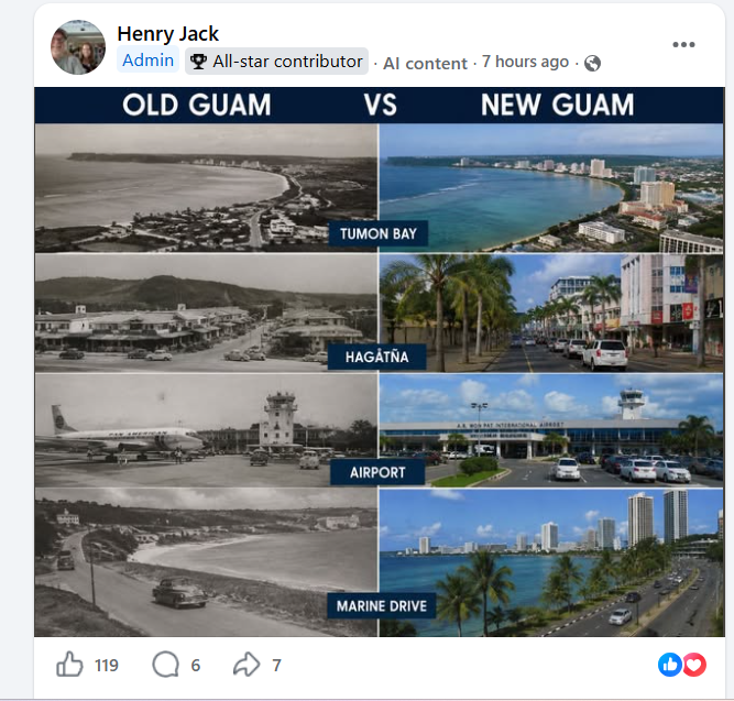 Facebook post by Henry Jack labeled as AI content and showing an “OLD GUAM VS NEW GUAM” image collage.