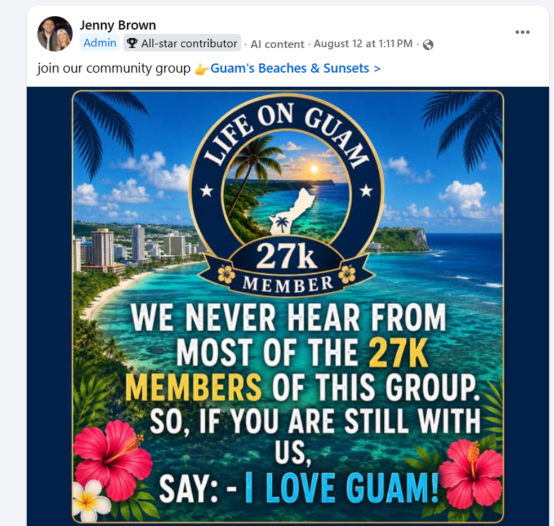 Facebook post by LIFE on GUAM administrator Jenny Brown asking the group's 27,000 members to comment “I LOVE GUAM.”