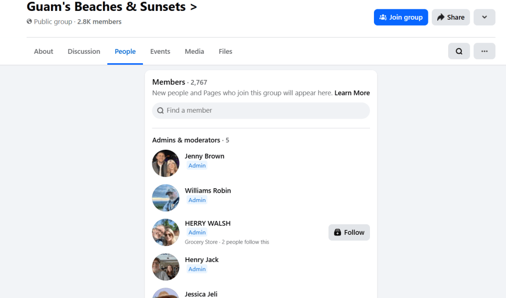 Screenshot of the Guam's Beaches & Sunsets Facebook group showing five administrators who also administer LIFE on GUAM.