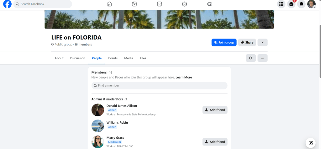 Screenshot of the LIFE on FOLORIDA Facebook group showing Williams Robin as an administrator.