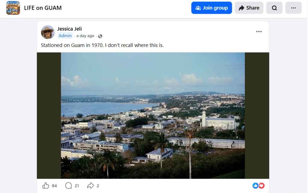 Facebook post by Jessica Jeli showing an old Guam photograph and asking members to identify the location.
