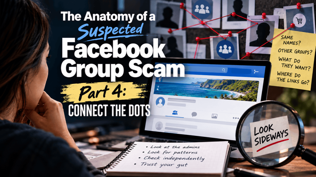 Illustration for Part 4 of The Anatomy of a Suspected Facebook Group Scam, showing an online investigation with connected profiles, a social media group, a magnifying glass and the reminder to “Look Sideways.”