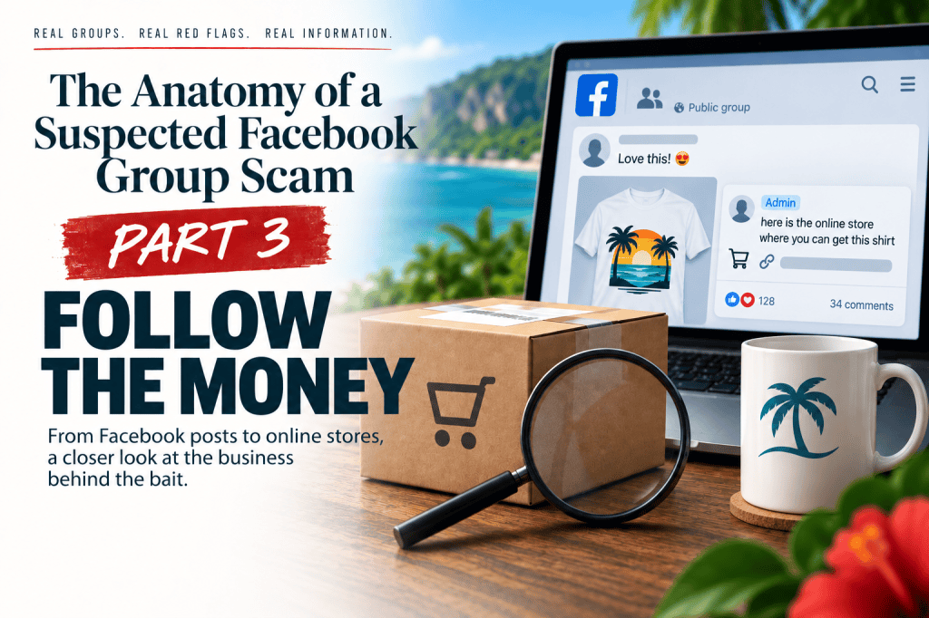 Graphic for Part 3 of “The Anatomy of a Suspected Facebook Group Scam,” titled “Follow the Money,” showing a Facebook-style merchandise post, shipping box, magnifying glass, and tropical background.