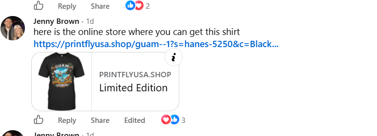 Facebook comment by Jenny Brown linking to PrintflyUSA.shop and saying, “here is the online store where you can get this shirt.”