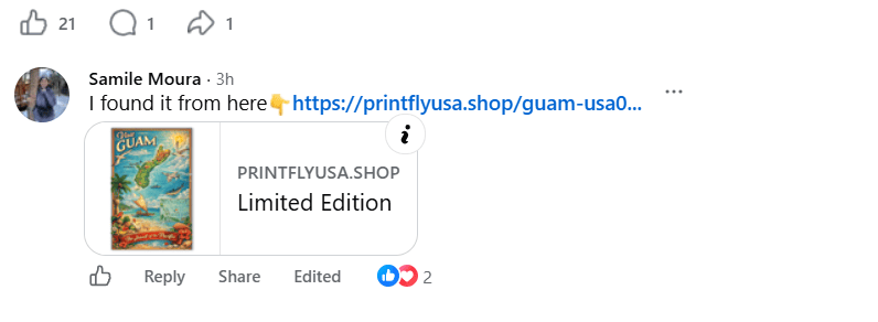 Facebook comment by Samile Moura linking to PrintflyUSA.shop after posting a Guam-themed poster in LIFE on GUAM.