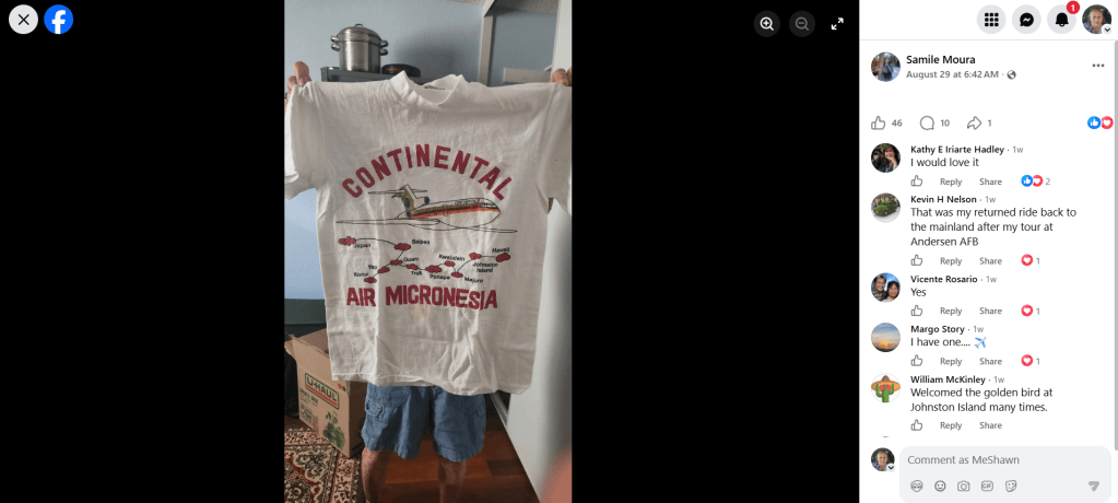 Facebook post by Samile Moura displaying my photograph of my mom holding up my Continental Air Micronesia T-shirt.