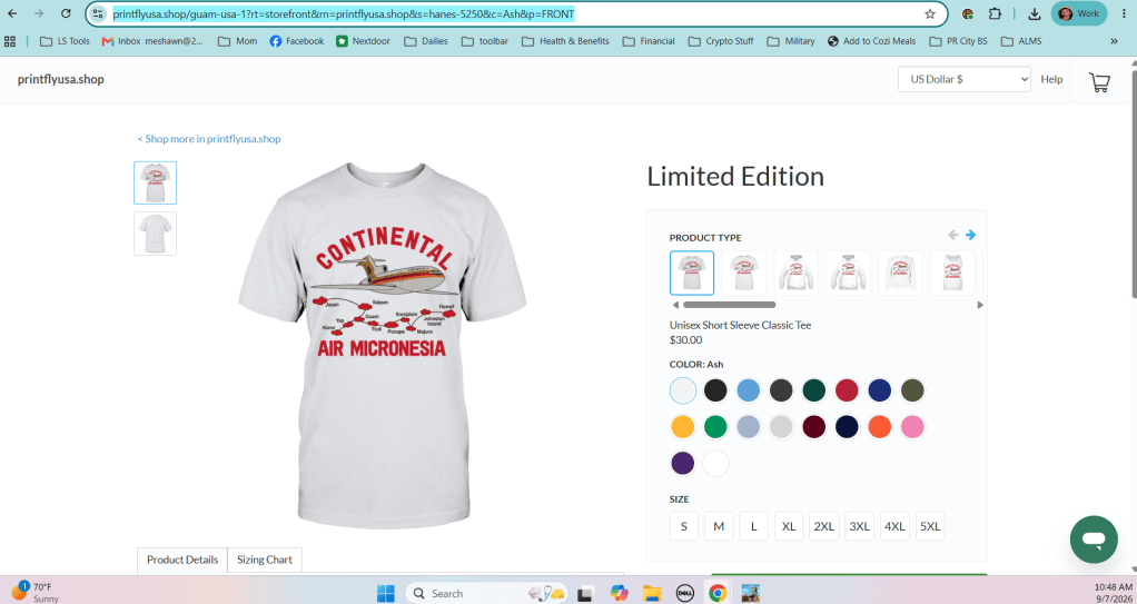 PrintflyUSA.shop listing for a Continental Air Micronesia T-shirt similar to the vintage shirt shown in my original photograph.